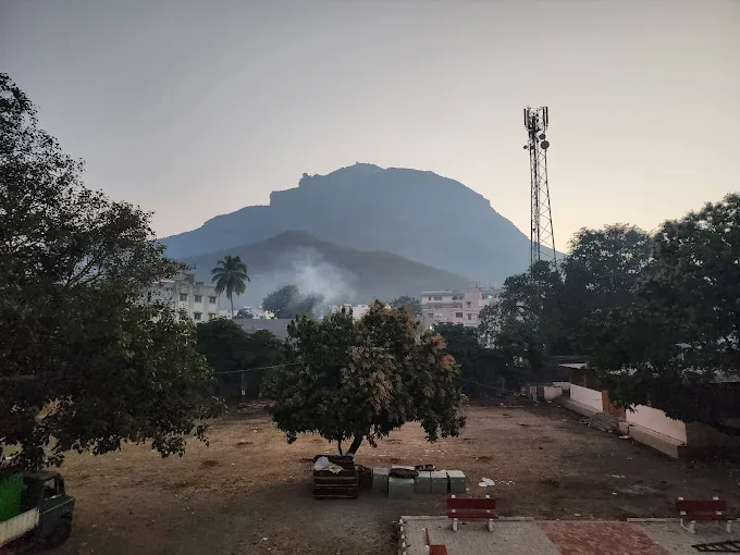 Mount Girnar rising behind Narasinha Mehta Dham in Junagadh, Gujarat